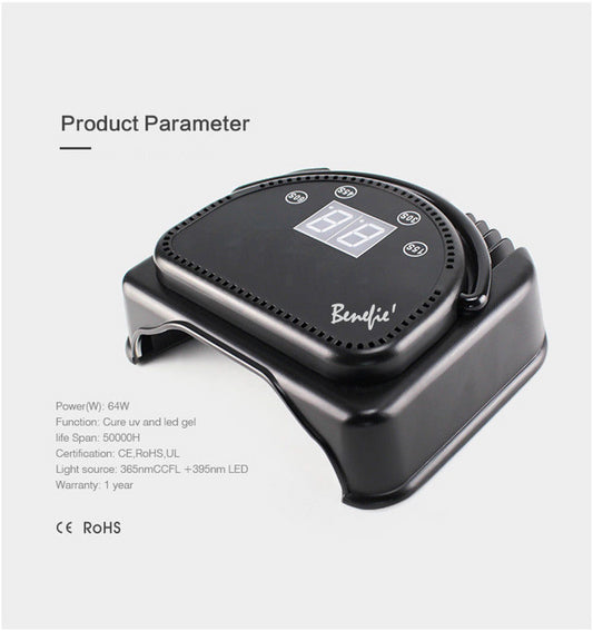 64W Benefie' Metal Shell LED Nail Lamp Gel Polish Nail Dryer Wireless Rechargeable Quick-Dry