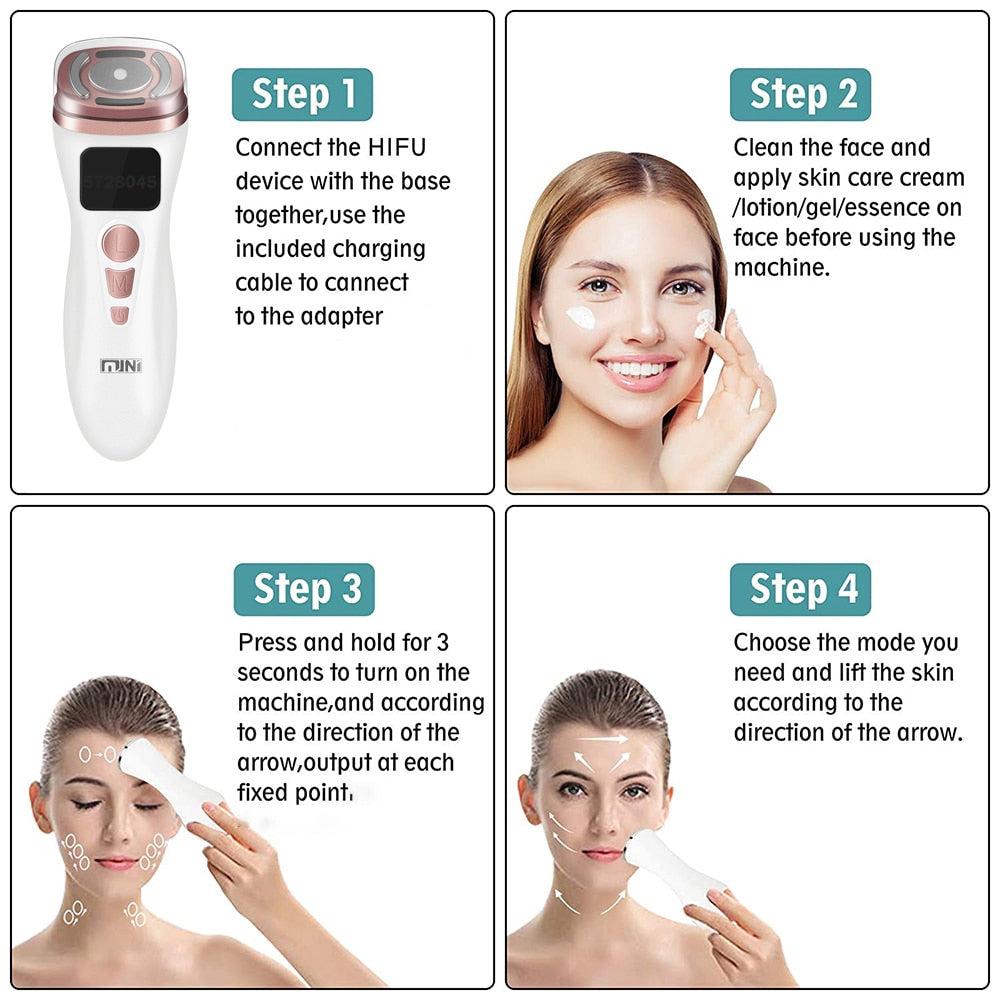 3 in 1 RF Face Beauty Machine Mini Skin Tightening HIFU Microcurrent Reduce Wrinkle Facial Care Applicator Machine 100/240V US Plug