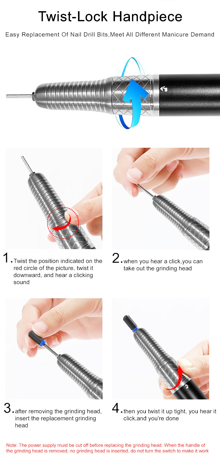 Benefie' Professional Rechargeable Electric Nail Drill 35Krpm Black/Silver