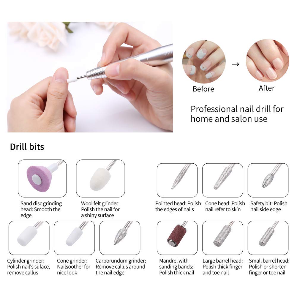 Electric Nail Drill, Benefie' USB Nail Drills Machine for Acrylic Nails Professional Nail File Portable Handpiece Grinder Manicure Pedicure Acrylic Nail Tools Set with Storage Box